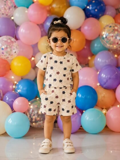 cream ballon print short set