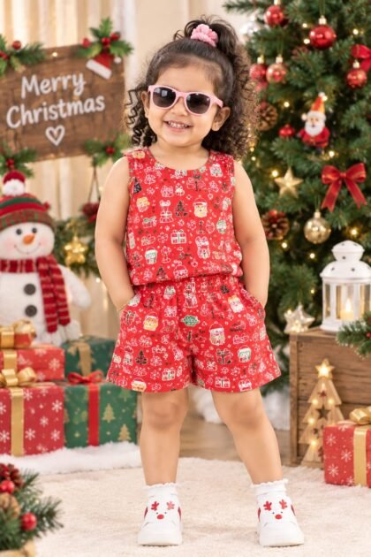 Red chirstmas printed sleeveless set