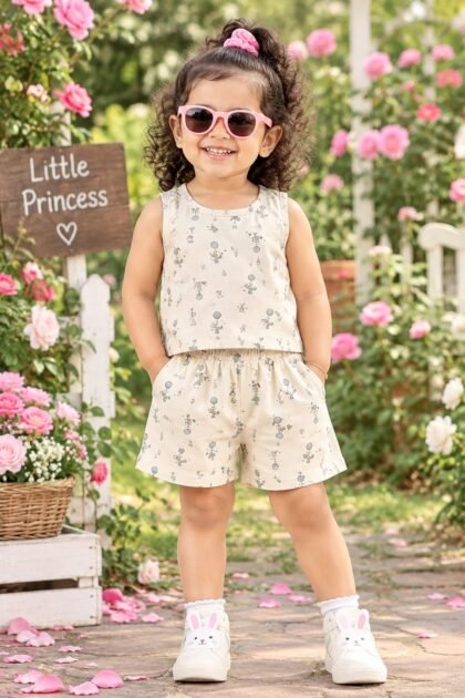 Creme micky mouse printed sleeveless set