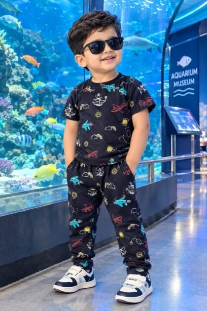 Navy blue aqua printed pant set