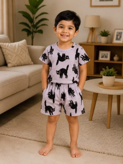 Purple cat printed short set