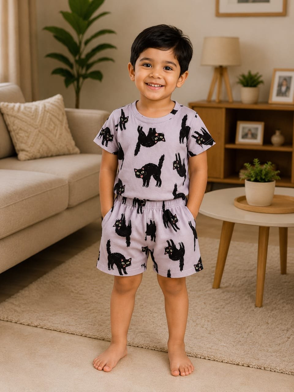 Purple cat printed short set