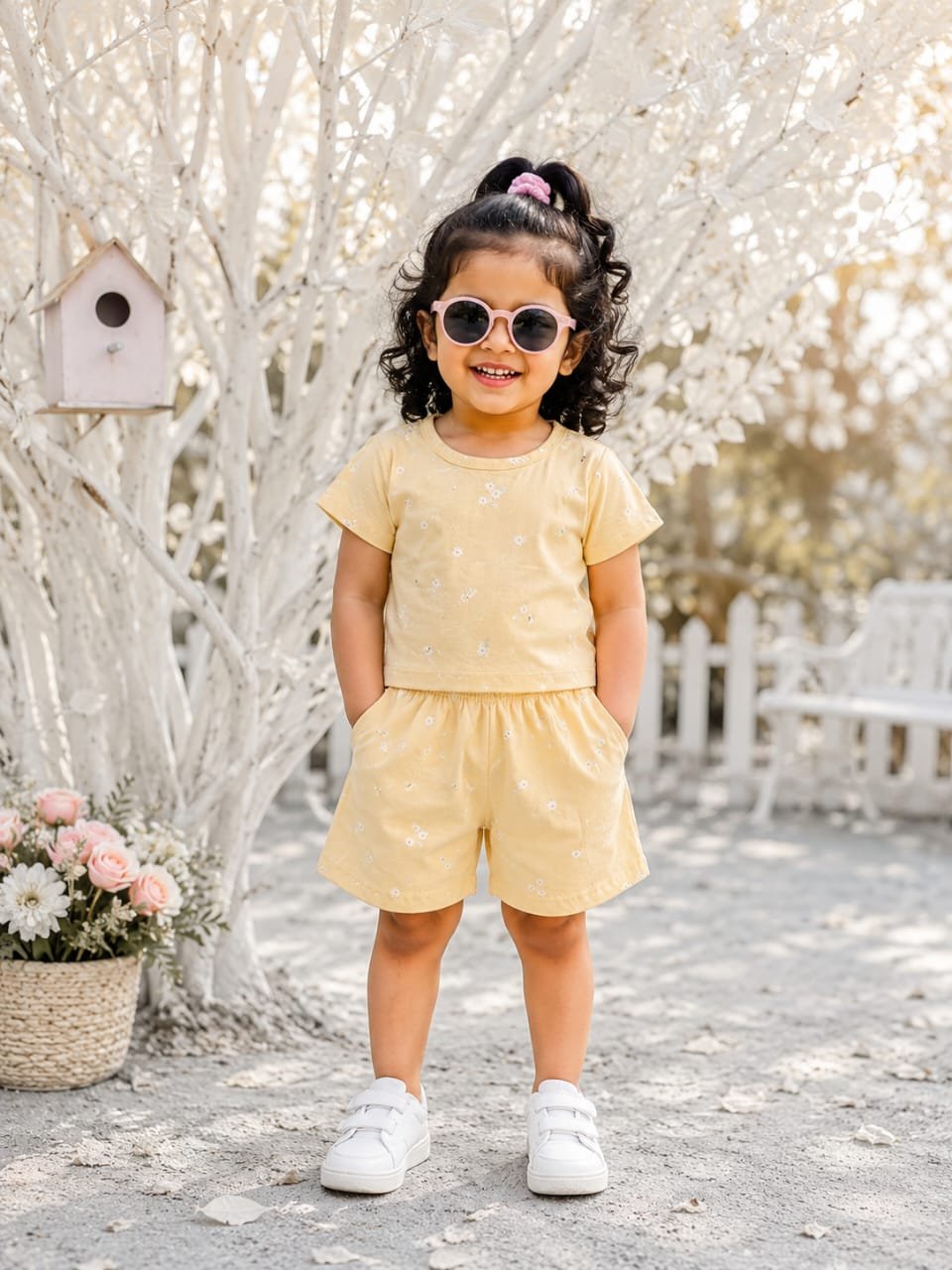 Lite yellow small flower printed short set