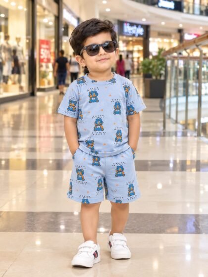 New blue teddy printed short set