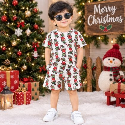 Red christmas printed short set