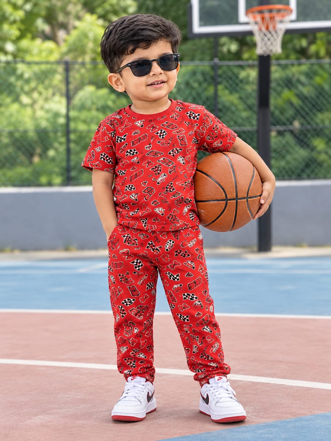 Red Racing car print pant set