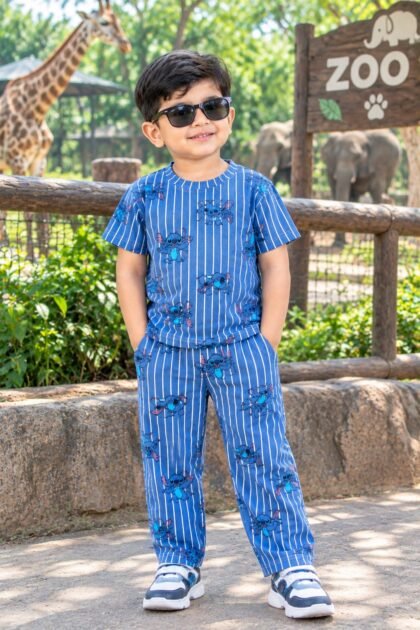 Blue cartoon stripes pant set