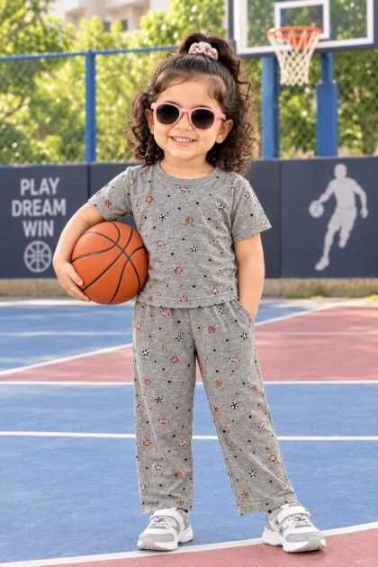 Grey basket ball printed pant set