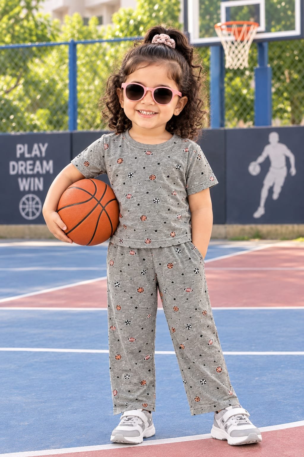 Grey basket ball printed pant set