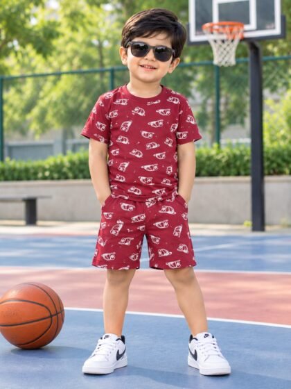 Red printed short set