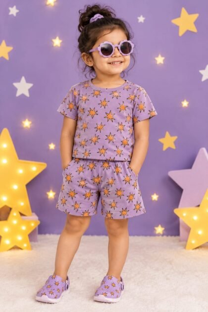 purple star print short set