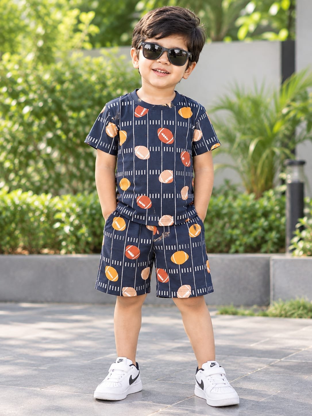 Navy blue base ball print short set