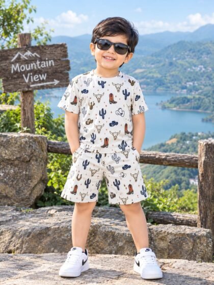 white plant print short set