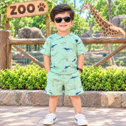 Green animal print cotton short set
