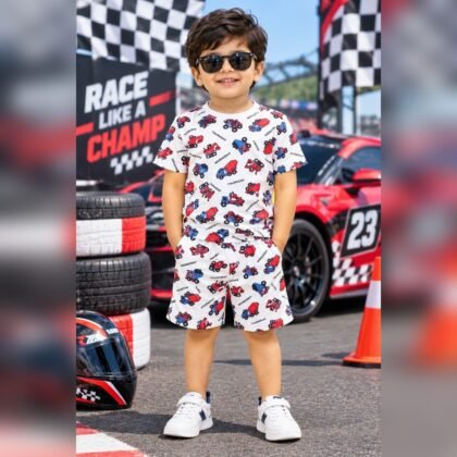 White red vehicle printed cotton short set