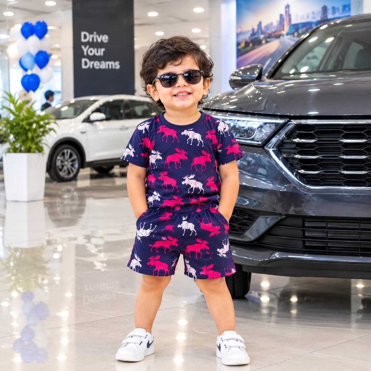 Navy blue mouse print cotton short set