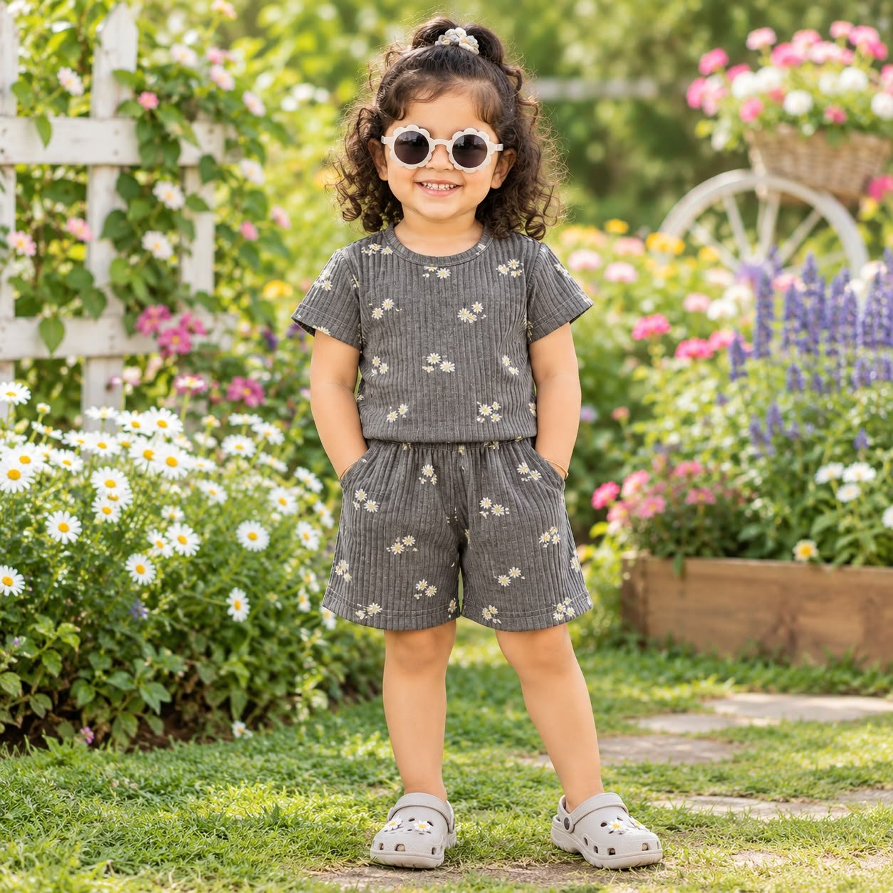 Grey flower printed short set