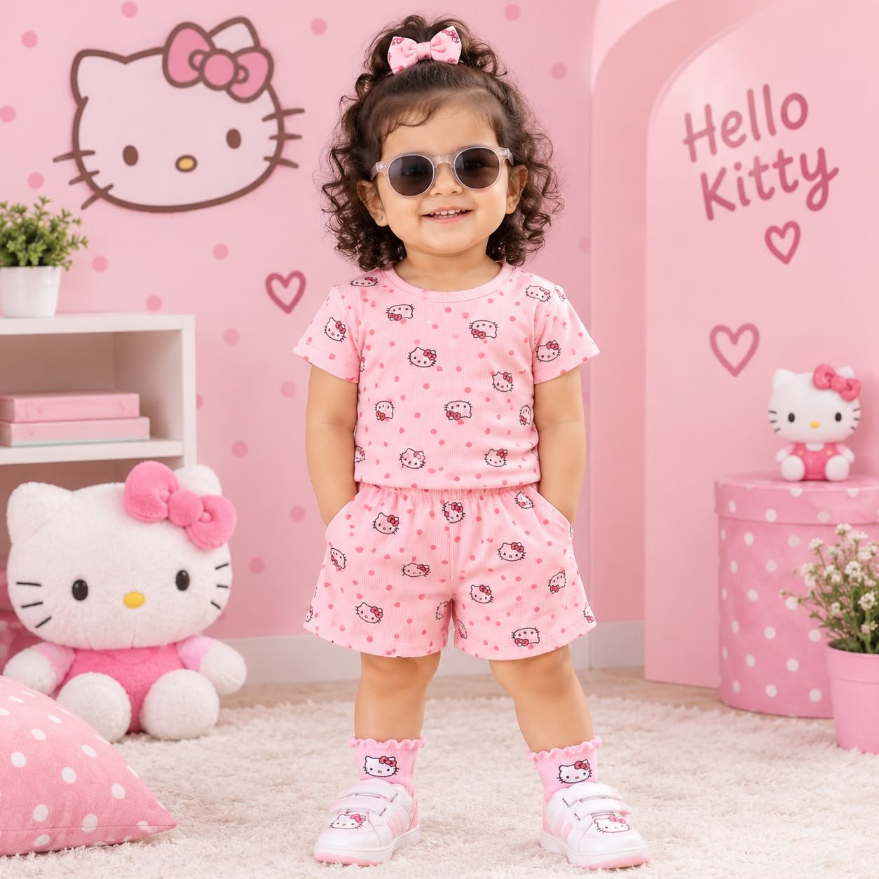 Pink kitty printed short set