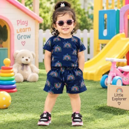 Navy blue rainbow printed short set