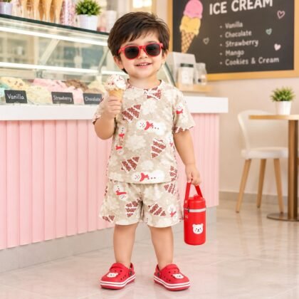 Cream christmas printed short set