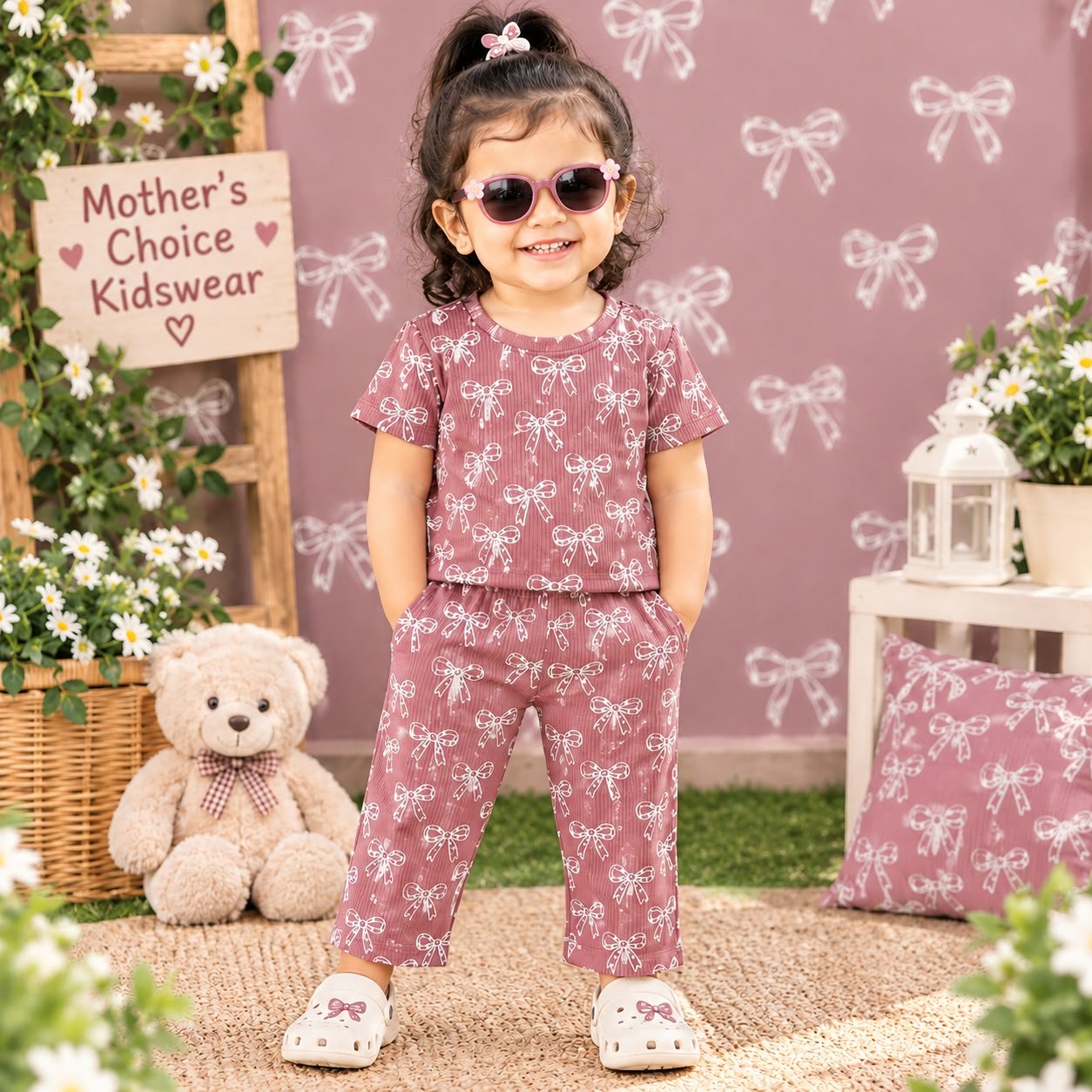 Dusty Rose White bow printed pant set