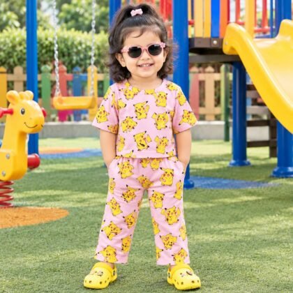 Pink pikachu printed pant set