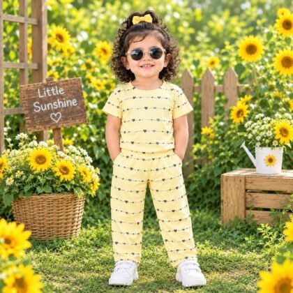 Warm  yellow heart line printed pant set