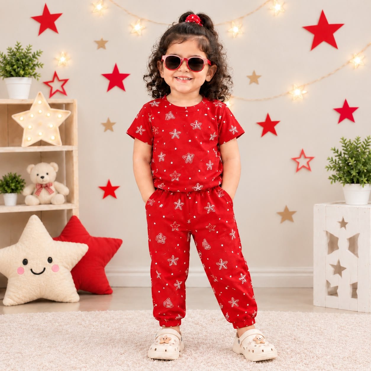 Cherry red star printed pant set
